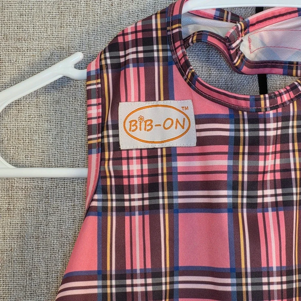 BIB-ON Toddler Full‎ Coverage Bib Apron Pink Plaid Waterproof Polyester Laminate